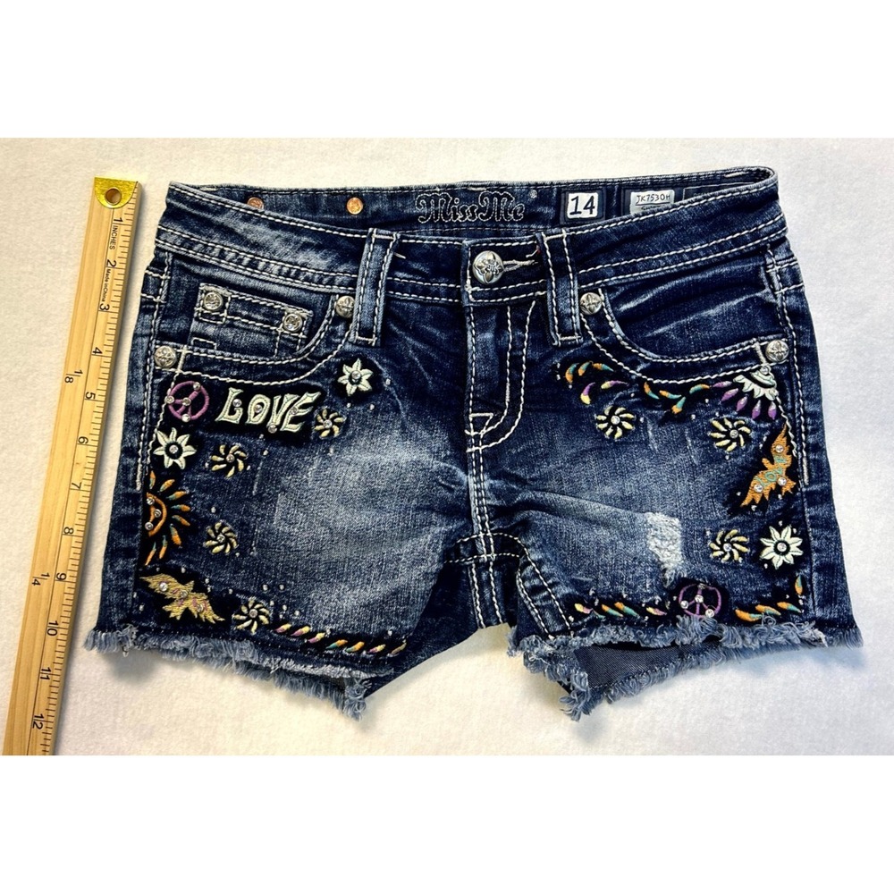 Miss Me Embellished Embroidered Cutoff Denim Shorts Distressed Girls Size 14 - Picture 13 of 15